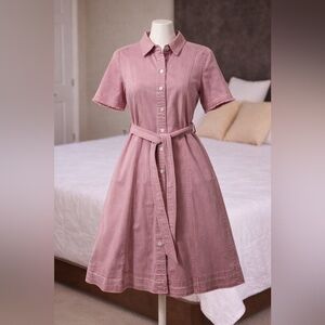Marc Cain Dusty Rose Button-Front Midi Shirt Dress with Waist Tie